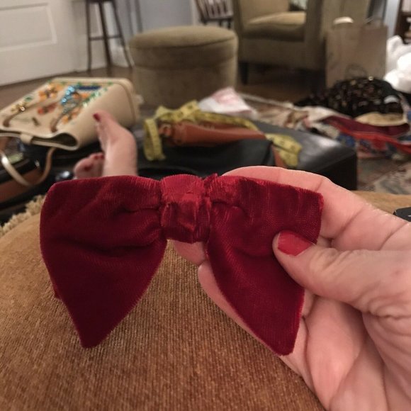Vintage Red Velvet Mens Bowtie Clip On Pointed End
